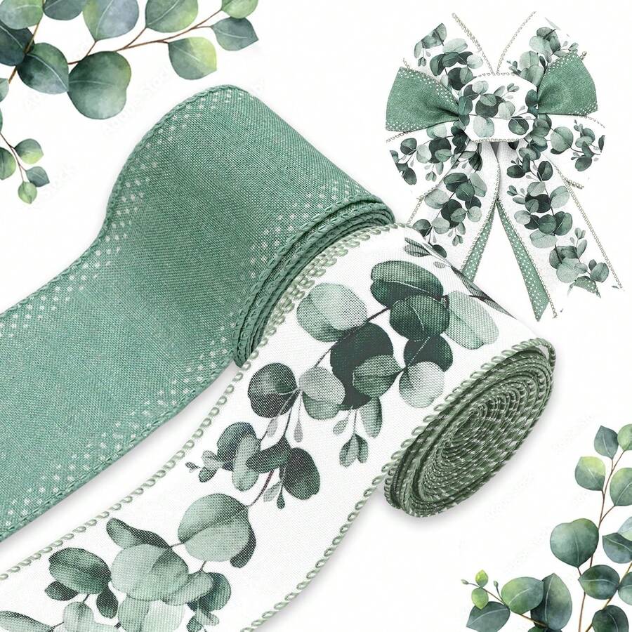 Eucalyptus Wired Edge Ribbon Sage Green Leaves Spring Suer Bridal Bouquet Dr Watercolor Greenery Floral Fabric Ribbon For Wreath Bow Making DIY Crafts Wrapping Party,2 Rolls, 20 Yard,23939726 - 西瓜粉 - 查看 1