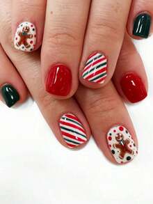 24pcs/Set Cute Christmas Theme Short Square Press-On Nails, Featuring Classic Red & Green Striped, Polka Dot, Gingerbread Man Designs, Ideal For Girls/Women To Wear For Holidays, Dates, Parties - 彩色 - 查看 1