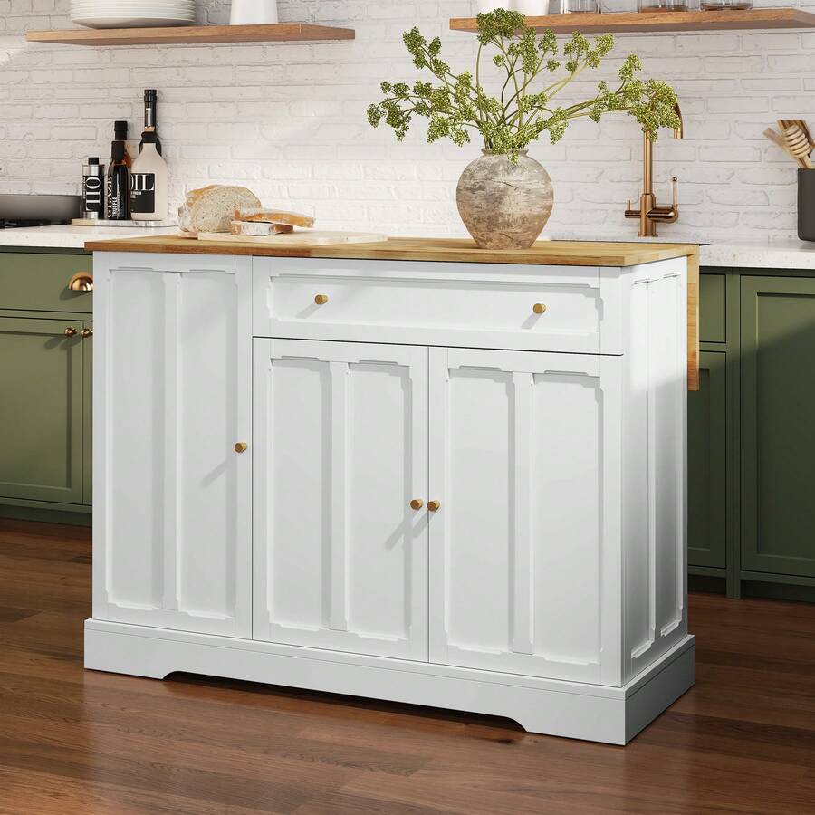Kitchen Island Cart With Storage, Carved Doors Modern Rolling Islands With Drop Leaf, Sideboard Buffet Cabinet On Wheels, Prep Table For Kitchen, Dining Room - White - View 1