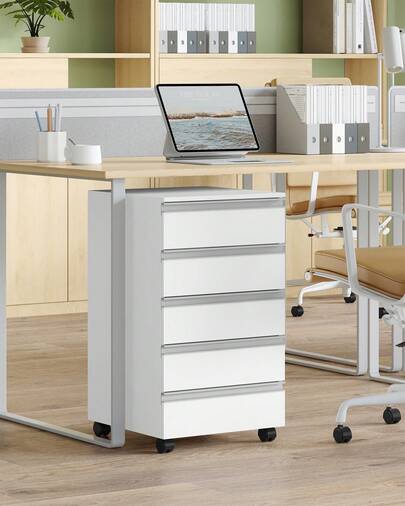 Hzuaneri Cajonera Escritorio con 5 Cajones, Ruedas, Archivador Móvil, para Oficina, Estudio, Blanco