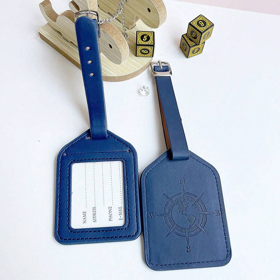 1Pc Solid Color Creative New Fashion Compass Pattern PU Leather Luggage Tag Boarding Pass Suitcase Tag Luggage Label Baggage Check-In Name Tag Hang Tag