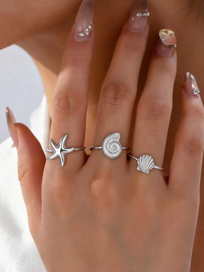 3 Pcs Summer Beach Starfish Rings Set Sea Conch Fan Shell Ring Women Vocation Beach Travel Jewelry Accessories Gift