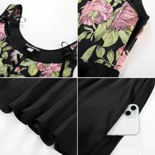 Medieval Renaissance Gown - Women's Floral Peasant Dress With Elegant Bell Sleeves, Festival Formal Dress - 黑色 - 查看 5