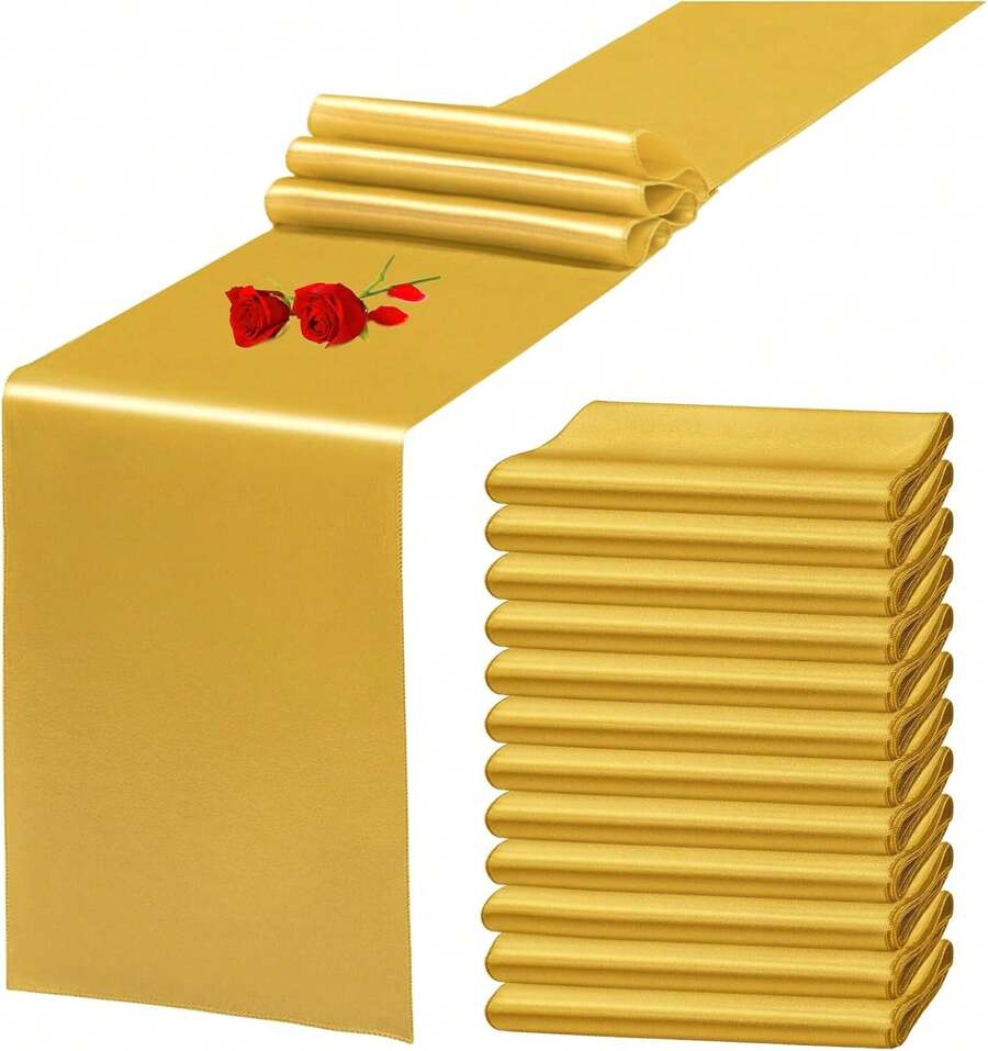 12-Pack Satin Table Runner Gold/Champagne/Red/Royal Blue/White/Rose Gold 12 X 108 Inches Long, Table Runners For Christmas, Birthday Parties, Banquets Decorations - Gold - View 1