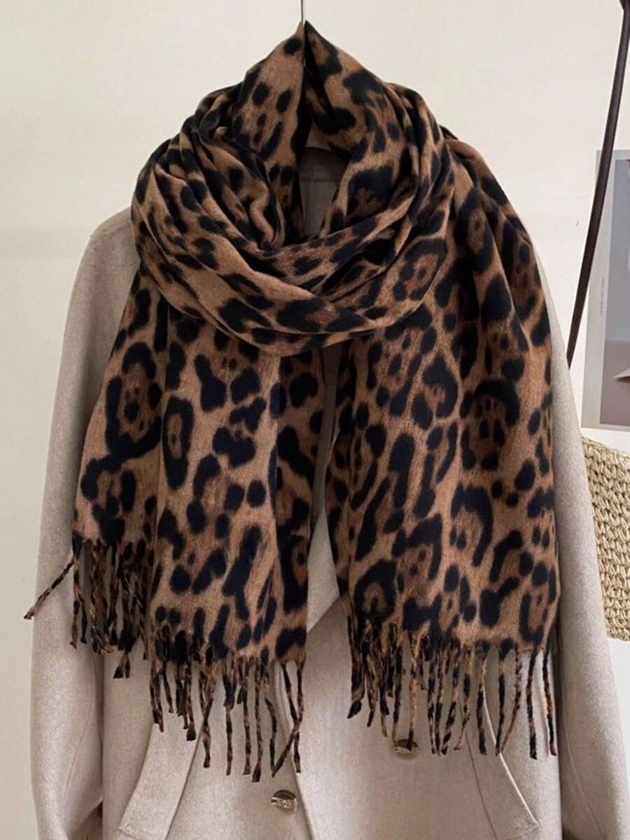 1 Khăn choàng hai mặt họa tiết da báo và kẻ caro cho nữ, chất liệu cashmere mềm mại, khăn choàng quấn ấm áp, phụ kiện thời trang thu/đông cho trang phục - Lạc đà - Xem 1
