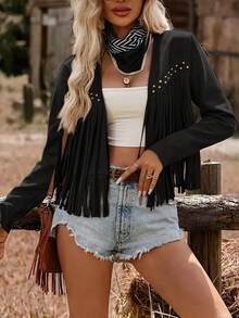 Women's Western Style Rivet Fringe Jacket - Black - View 6