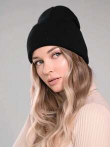 1pc Solid Color Knit Beanie, Warm Autumn/Winter Unisex Couple Ski Cap - Black - View 2