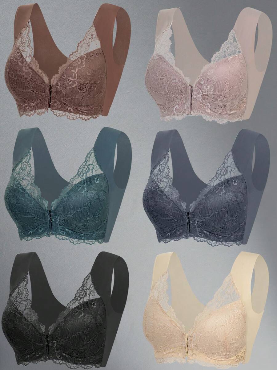 6pcs Padded Lace Lift & Support Women's Underwire Bra Lingerie Elegant Floral Lace Wireless Bras, Comfortable And Breathable Full-Coverage Push-Up Underwear Bras, Women's Undergarments And Lingerie - 彩色 - 查看 1