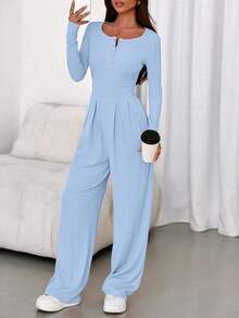 Women  Fall Jumpsuits  Dressy Casual One Piece Outfits Long Sleeve Crew Neck Wide Leg Pants Rompers  Fall Clothes For Women - Màu xanh nhạt - Xem 4