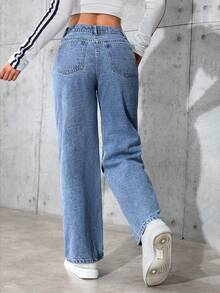 ZYANYA Cómodos jeans de mezclilla de lavado claro con pierna ancha para mujer, estilo casual largo con botones y bolsillos - Lavado ligero - Ver 6