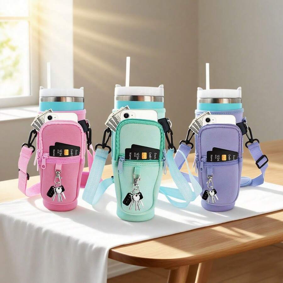 1 Stück Sportflasche und Fitness Flaschenhülle, 1,2 L isolierte Griff Flaschenhülle, verstellbarer Schultergurt Flaschenhalter (mit Schlüsselanhänger/Handytasche), Becher Schutzhülle, verstellbare multifunktionale Becherhülle, geeignet für Outdoor-Aktivitäten - Verschiedenfarbig - Übersicht 1