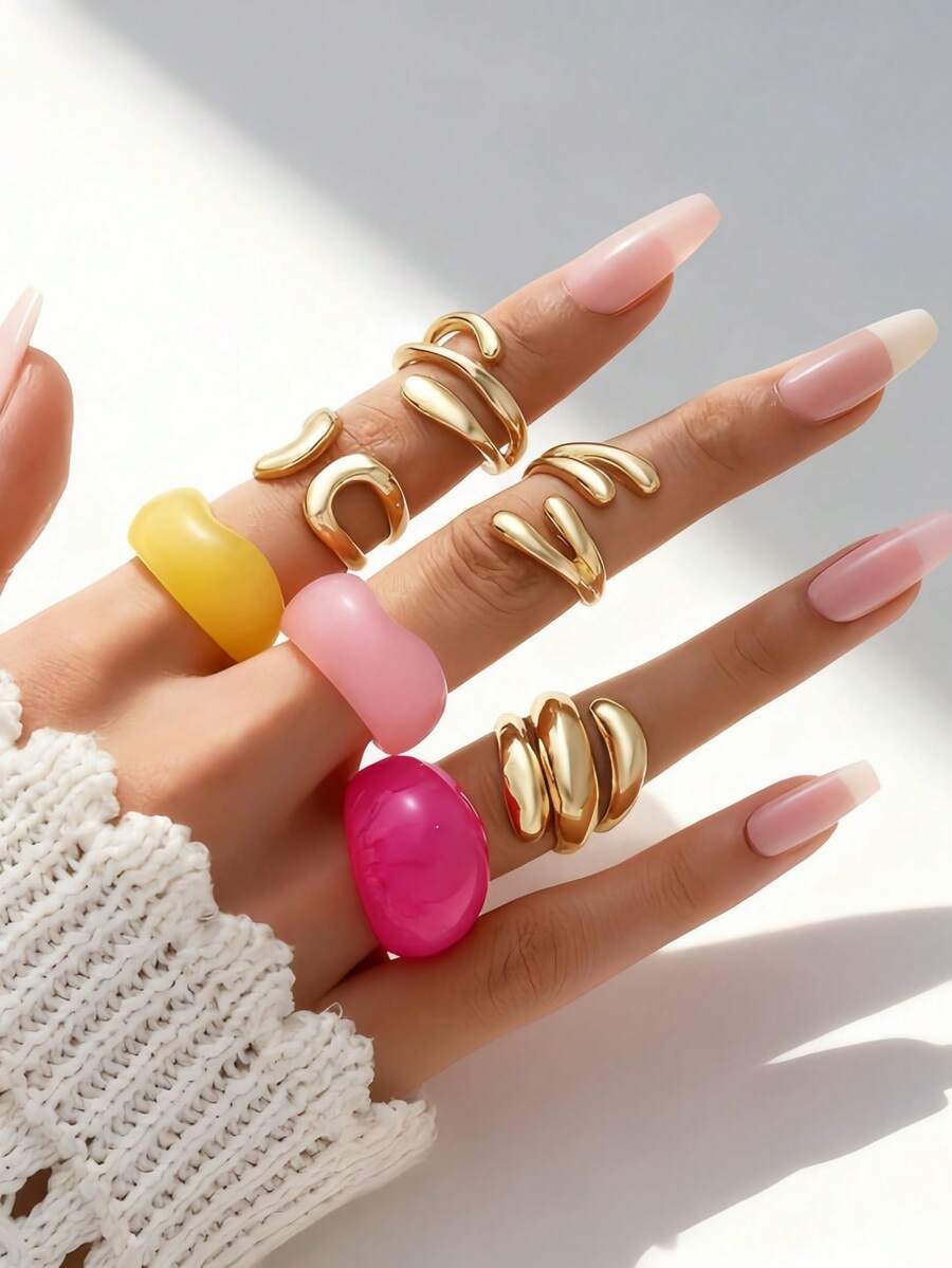 7pcs Minimalist Asymmetrical Arc Joint Rings, Fashionable Metallic Feeling Rings, Resin Colorful Rings For Women