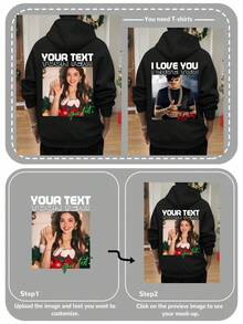 Customized Plus Size Men's Hooded Sweatshirt For Valentine's Day, Personalize With Your Photo/Couple Photo/Couples/Family/Friend/Pet/Landscape - Black - View 5