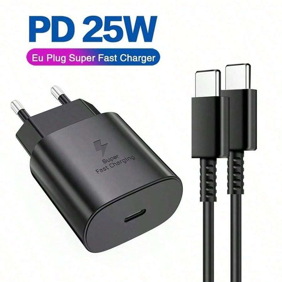 25W 欧规插头充电器套装，PD 25W 快充套装，25W 超快手机充电器，包含 3.3 英尺/6.6 英尺 USB-C 充电线，兼容三星 Galaxy S24 Ultra/S23/S22/S21/S20/S20、15/15 Plus/16 Pro/16 Pro Max/Z Fold 5/Z Fold 5、Galaxy Tab S8/S8+/S7/S7+/A54/A34/A14/FE 5G/A52/A72，25W 快速 USB-C 充电器带 Type-C 数据线，通过 FCC 和 UL 认证。 - 查看 1
