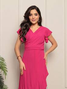 ANLE MODAS-Long Wrap Dress With Tie At The Waist - 玫紅色 - 查看 8