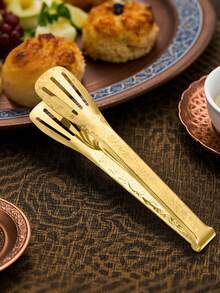 1个可重复使用的带图案食物夹，适用于零食、蛋糕、沙拉、糕点、面包、水果、肉类、烹饪用具、意面夹，多功能厨房用具，厨房用品，厨房配件，家用厨房用品 - 适合万圣节、圣诞节、毕业典礼、婚礼派对、母亲节礼物 - 金色 - 查看 2