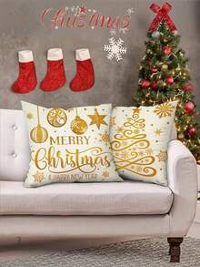 4 pièces Housses de coussin de Noël dorées avec motifs de sapin de Noël et flocons de neige - Décoration festive de Noël avec les textes "Merry Christmas" et "Laissez-le neiger", avec fermeture éclair, lavables en machine, parfaits pour le canapé, le divan ou le porche, décoration extérieure de la maison, décorations de Noël - Doré - Voir 5