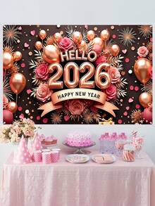 1件新年主题背景横幅，黑色玫瑰金“2026新年快乐”气球烟花花卉设计涤纶悬挂旗帜，适用于2026新年派对庆祝背景布、家居装饰、新年派对墙面背景、新年礼物、花园庭院装饰、花园旗帜、悬挂装饰、派对拍照道具、2026新年装饰、派对礼品 - 新年快樂-A款 - 查看 7