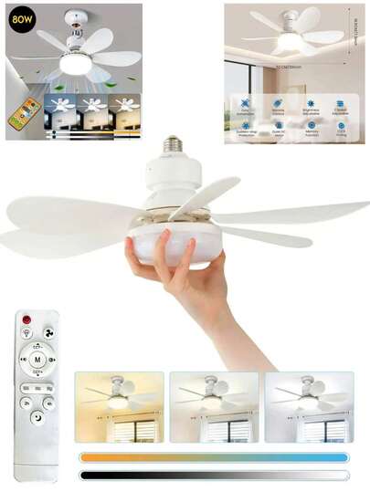 Ventilador de Teto 80W Lâmpada 3 Cores E27 Silencioso Bivolt 2 em 1 Controle Remoto PREMIUM
