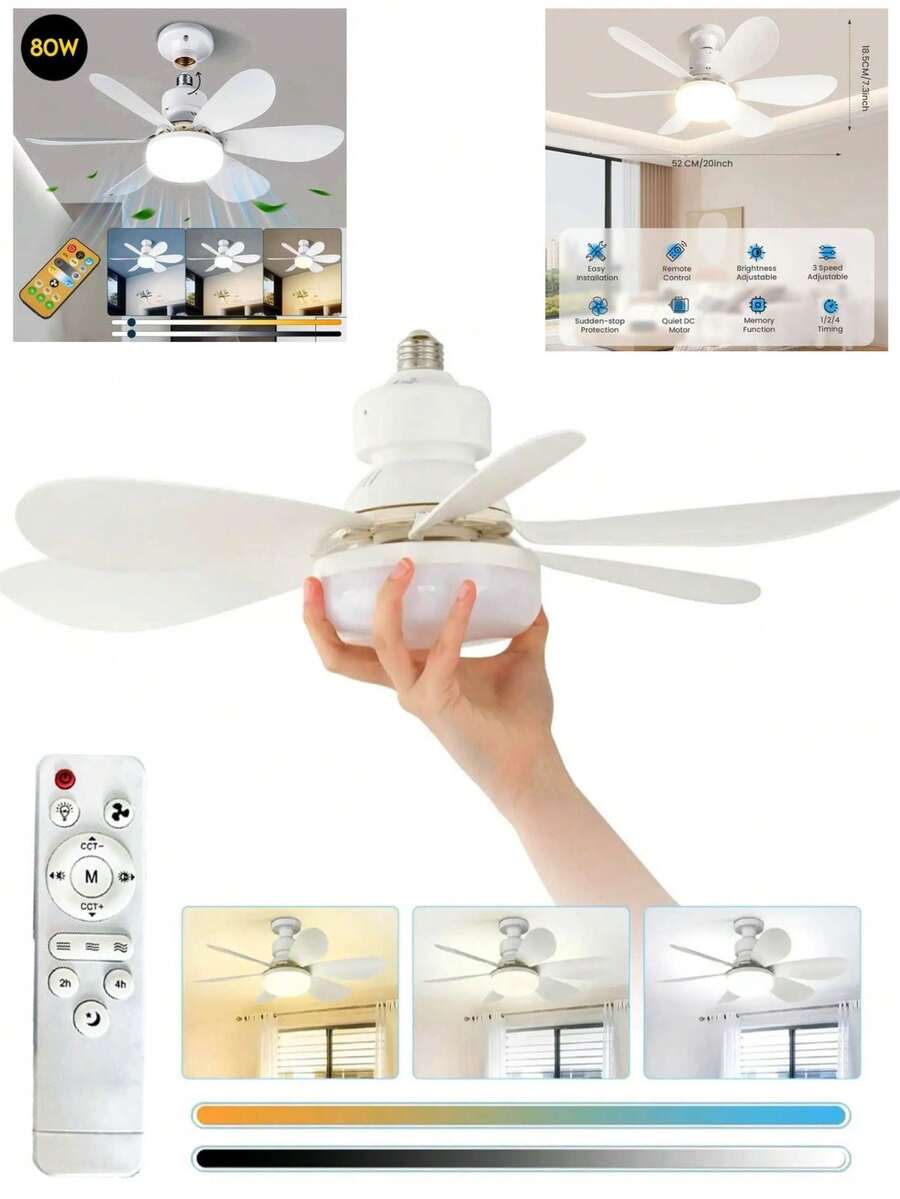 Ventilador de Teto 80W Lâmpada 3 Cores E27 Silencioso Bivolt 2 em 1 Controle Remoto PREMIUM - Multicolorido - Visão 1