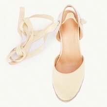 Womens Lace Up Espadrilles Closed Toe Wedges Sandals Strappy Slingback Platform Heels - Màu be - Xem 4