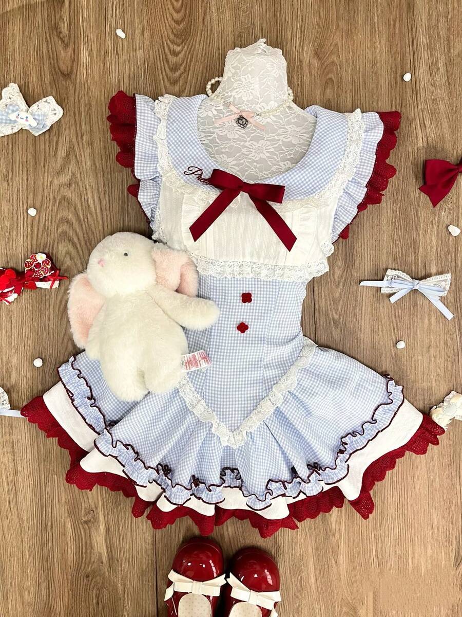 Japanese Sweet Cherry Ball Blue Plaid Dress Summer Cute Lolita Little Flutter Sleeve Puffy Princess Dress - váy công chúa kẻ caro xanh - Xem 1