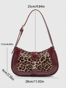 时尚女士手提包，百搭复古新月包，秋冬新款拼色豹纹单肩/腋下包，Y2K包，时尚包包 - 酒紅色 - 查看 5
