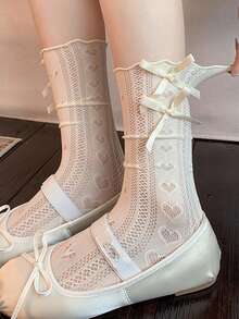 1 Pair Women's Thin Hollow Out Long Socks, Lolita Style Cute Bow Design Knee High Socks, Summer