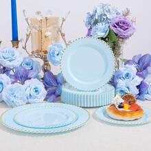 100pcs Plastic Plates With Gold Beads Plates Heavy Duty Party Supplies Includes 10.25inch Dinner Plate And 7.5inch Dessert Disposable Plate For Party,Wedding,Bridal Showers - 藍色 - 查看 8