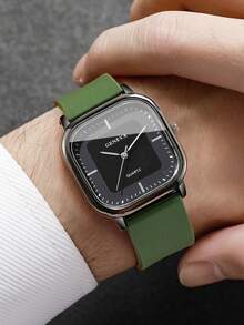 1pc Men's Silicone Strap Fashion Casual Square Minimalist Dial Quartz Wrist Watch, Classic - Green - View 2