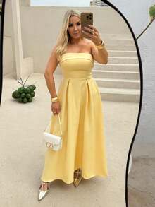 Women's Long Strapless Dress With Tie Back In Premium Tailoring, Elegant, Sensual - Màu vàng - Xem 2