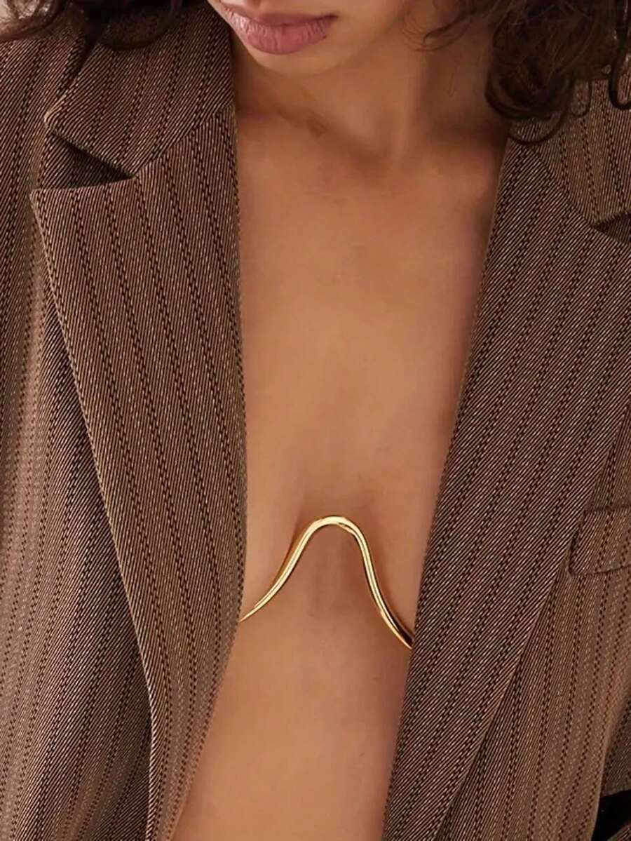 1 件装简约性感金属胸背带女士身体链，比基尼链 - 金色 - 查看 1