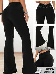 1pc Women's High Waist Flare Pants, Crossover Waistband Design, Stretchy Polyester Fabric, Machine Washable, Slimming And Lifting - Black - View 5