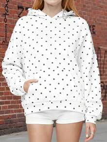 Women Casual Fall Hooded Sweatshirt With Front Pocket Dot Print Casual Long Sleeve Pullover Hoodies Outwear - 白色 - 查看 4