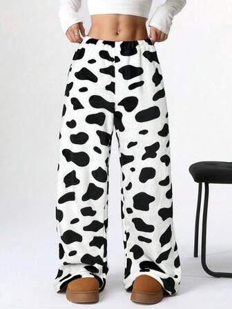 Pantalones anchos y sueltos de estampado de leopardo esponjoso para mujer, de otoño/invierno