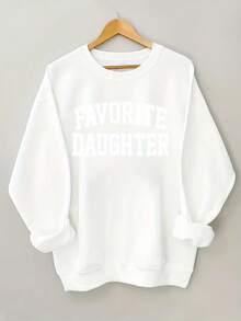 Women'S Pink "Favorite Daughter" Graphic Sweatshirt - Cozy Crew Neck, Long Sleeves With Ruffled Cuffs, Casual Fall/Winter Pullover, Casual Wear | Ruffled Cuff Design | Comfortable Fit - 白色 - 查看 1