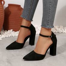 2026 Spring/Autumn New Rhinestone Buckle Strap Chunky Heel Pointed Toe Velvet Closed Toe Sandals, Korean Style Bridesmaid Mid Heel Pumps - Black - View 12