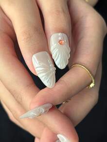 10pcs White Almond Handmade Nail Stickers, White Wedding Manicure, 3D Embossed Floral Shell Design, Minimalist Elegant Nail Decor, Reusable Handmade False Nails, Comes With Glue And Nail File, Great Gift For Girls - White - View 6