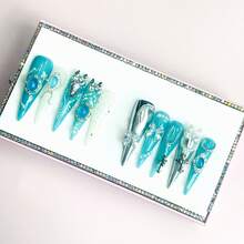 NailLuxe 10 PCS Handmade 1.7 - Inch Stiletto Press - On Nails | Blue & White Gem - Bow Stiletto Nails With Acrylic Blue And White Bases, Gem & Bow Embellishments & Elegant Color Hues - 霧霾藍 - 查看 9