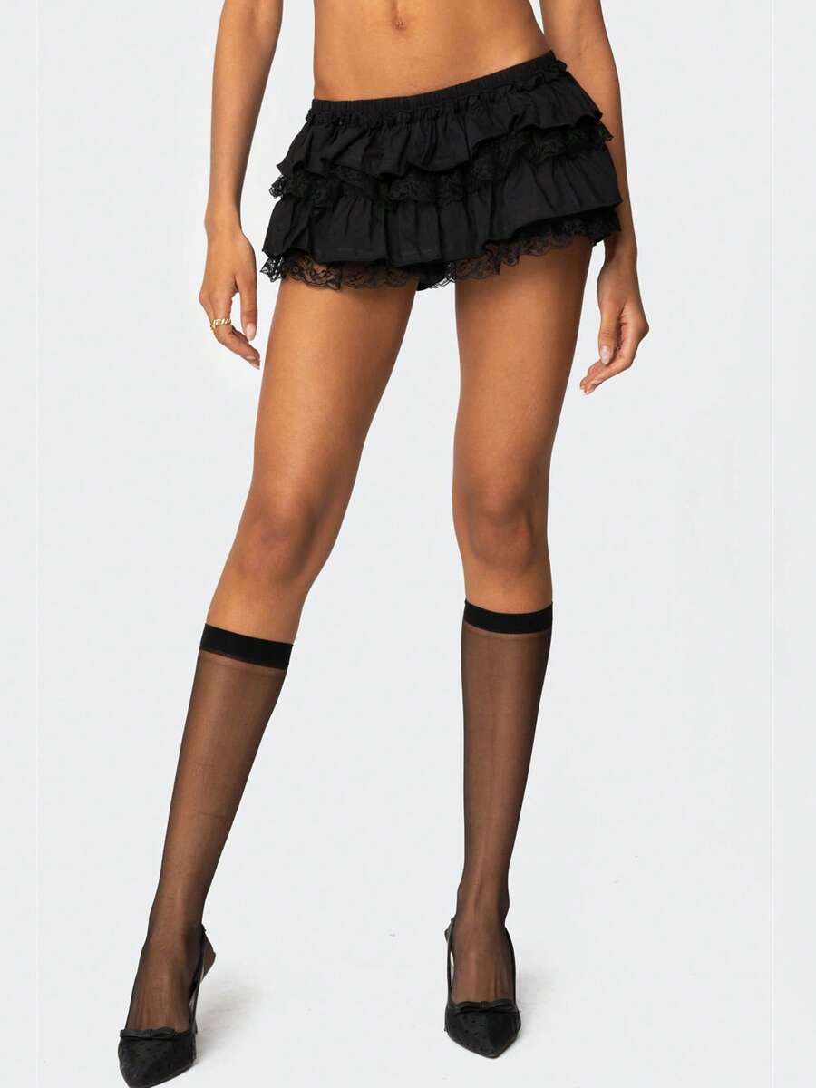 Women Lace Trim Ruffle Hem Micro Mini Skirts Elastic Low Waist Y2k Lace Layered Short Skirts Ruched A-Line Cute Tiered Ruffle Skirts Halloween/Christmas Costumes - 黑色 - 查看 1