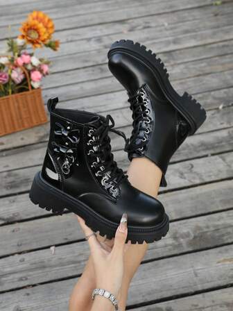 Women's Fashion Boots, British Style Lace-Up Chunky Heel Motorcycle Boots For Spring, Autumn And Winter, Cute Bow Black And Beige Short Boots
