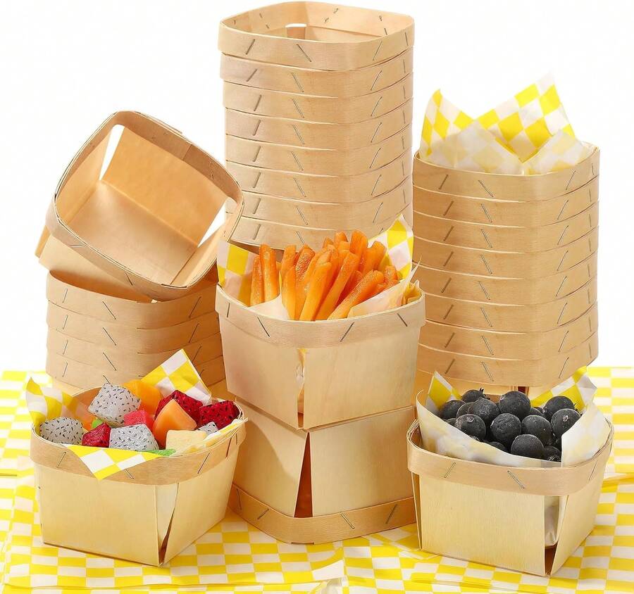 60 Pcs/30 Sets One Pint Wood Berry Basket With Wax Paper Sheets 4 Inch Square Vented Wood Boxes Small Basket Container With Paper For Gifts Fruit Picking Berry Camping (Plaid,Yellow),23949012 - 芥末黃 - 查看 1