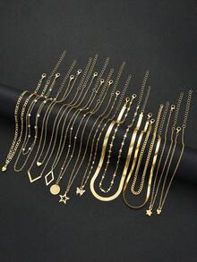 14 件简约时尚蝴蝶、心形、星星、人造珍珠、几何多层吊坠项链套装，适合女士、情侣、度假、约会、日常、派对、婚礼、感恩节、圣诞节礼物 - 金黃色 - 查看 5