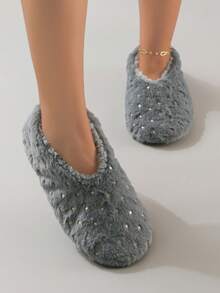 Fashion Gold Foil Shiny Star Pattern Plush Warm Women's Indoor Slippers Non-Slip Floor Socks - Grey - View 4
