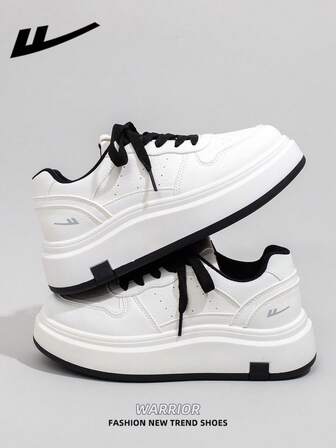  1 par de Zapatos casuales de skate para mujer WARRIOR, diseño de cordones, suela gruesa, aumento de altura, zapatos de skate planos de exterior de caña baja, zapatos casuales de otoño, diseño moderno de tenis de plataforma gruesa para mujer, estilo clásico con detalles retro, cómodos y elegantes, diseño de tela de patchwork adecuado para estudiantes