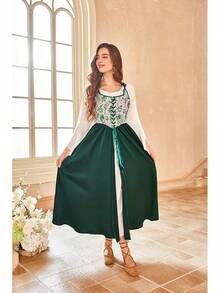 Medieval Renaissance Gown - Women's Floral Peasant Dress With Elegant Bell Sleeves, Festival Formal Dress - 墨綠色 - 查看 3