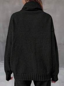 Plus Size Casual Loose Turtleneck Drawstring Knit Sweater, For Winter Black - Black - View 3