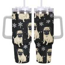 40oz Pug Dogs Snowflakes Black Backgrou Tumbler, Double Wall Vacuum Insulated Travel Mug, Spill Proof Lid, Gift For Dad, Mom, Ideal For Christmas, Mother's Day, Birthday Gift, Perfect As A Halloween Gift, Coffee Cup - 白色 - 查看 2