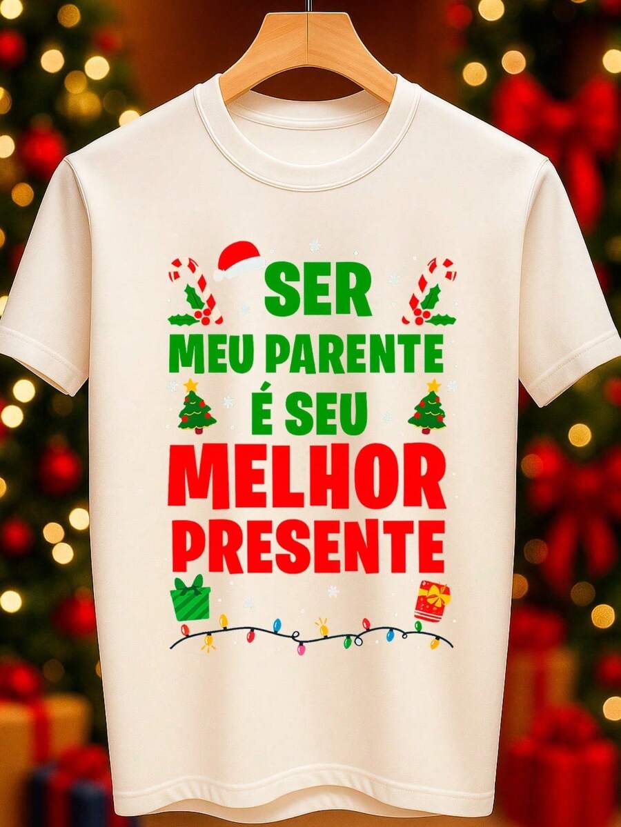 Camiseta Natal Frase Parente Presente Unissex 100% Algodão Premium – Masculino e Feminino | Casual, Streetwear, Plus Size, Lançamento com Envio Imediato em Várias Cores - Branco - Visão 1