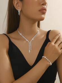 Bộ trang sức 3 món đính đá Rhinestone lấp lánh - Dây chuyền và hoa tai, thích hợp cho những dịp quan trọng - Bạc - Xem 4